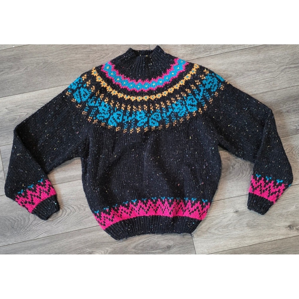 Premises Women Medium Sweater Black Neon Fair Isle Confetti Knit Retro Mock Neck